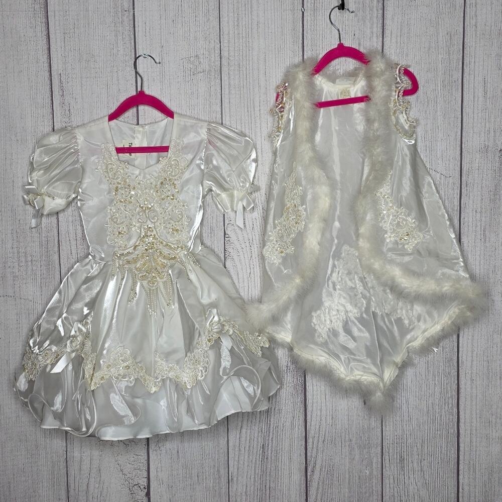 Vintage Tip Top Kids White Beaded Dress & Cape Set Size 4 Flower Girl